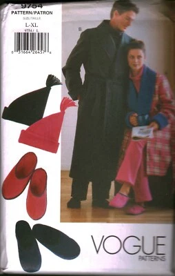 9754 Vintage Vogue Sewing Pattern Misses Mens Robe Belt Top Pants Hat Slippers - Image 1 of 2