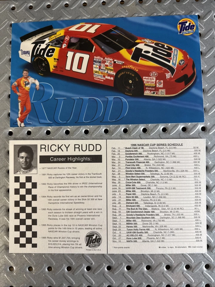 "Tarjeta de héroe Ricky Rudd #5 Tide NASCAR 1996 5,5"" X 10""" Foto 1 de 1