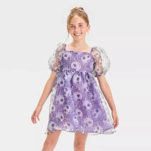 Girls' Jack Skellington Halloween Short Puff Sleeve Dress - Purple XL - Picture 1 of 3