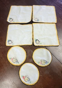 Vintage Hand Embroidered Linen Round & Square Foaming Mug with Flowers- Set of 7 - Picture 1 of 14