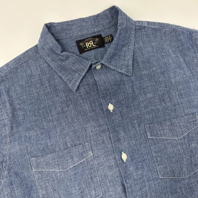 RRL Ralph Lauren Shirt Mens Large Blue Chambray Short Sleeve Workwear Double RL - Image 1 of 4