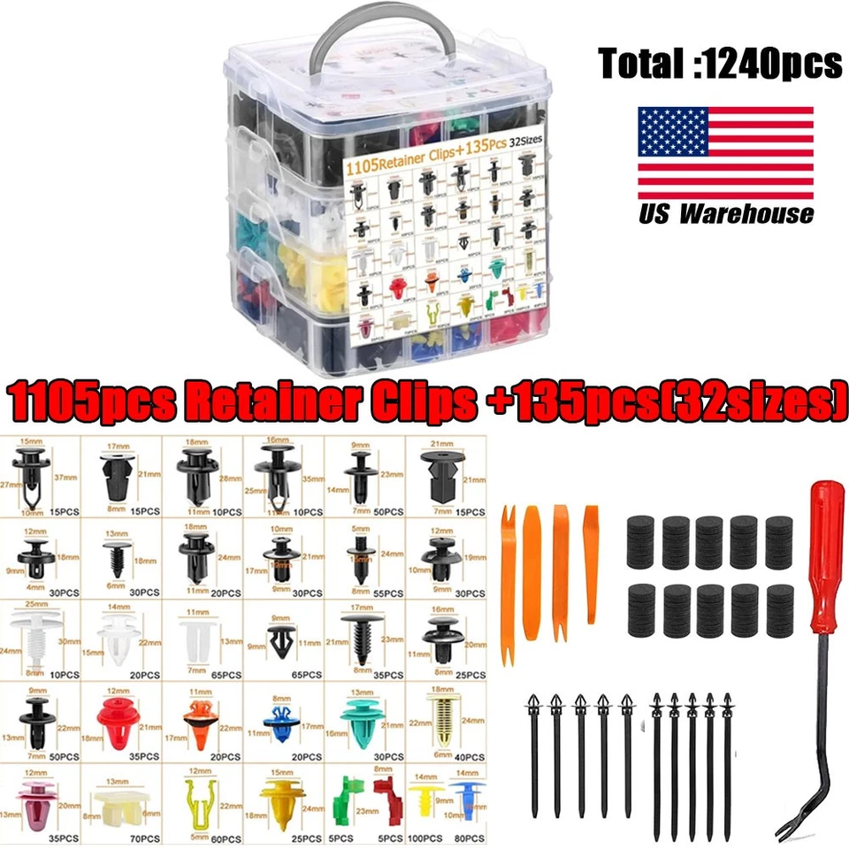 Auto Fastener Clip Retainer Rivet+Tool Set For Car Bumper Door Panel Fender - Image 1 of 4