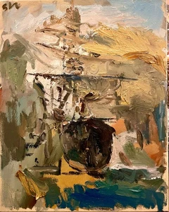 Nautical Pirate Boat Americana Landscape Oil On Canvas Cubism 16x20 Original - Picture 1 of 2