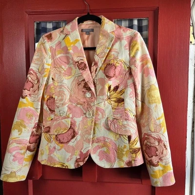 Ann Taylor Women's Petite Cream Pink Yellow Floral Blazer Jacket Size 4P - Image 1 of 4