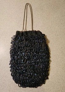 Antique Art Deco Beaded Drawstring Bag Blue Glass Beads Fringe Tassel Flapper - Picture 1 of 7