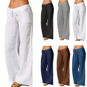 Damen Baumwolle Leinen Palazzo Hose Weites Bein Lose Sommerhose Stoffhose Neu ^ - Bild 1 von 16