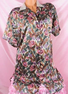 VTG SATIN shiny Floral Paisley Button Front Nightgown Sleepshirt Nightie Kathryn - Picture 1 of 4