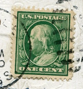 (1910) #331 or #374 1¢ Franklin XF / SUPERB JUMBO used stamp on postcard - Picture 1 of 3