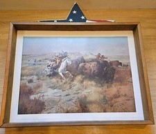 C M Russell "The Buffalo Hunt" Framed Canvis Print 17 wide x 13 tall in