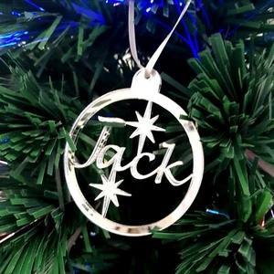 Round Personalised Name & Stars Christmas Tree Decorations Mirrored - Picture 1 of 5