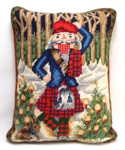 Wool Needlepoint Christmas Pillow Scottish Santa Kilt Zip Red Cotton Velvet Back - Picture 1 of 16