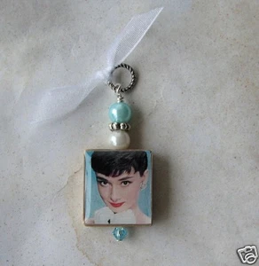 Audrey Hepburn Pendant Blue Hollywood Star Classic Altered Art Charm  - Picture 1 of 1
