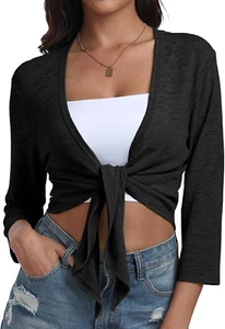 Women'S Tie Front Shrug 3/4 Sleeve Bolero Cardigan Lightweight Summer Casual Sho - Picture 1 of 12