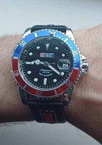 Military Royal Mens Mechanical Automatic Watch Leather Wrist Date Blue Red, 40mm - Picture 1 of 7
