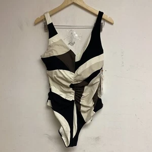 Calia Women's Ruched One Piece Swim Suit Wavy Blocks Neutral WSA23114PRT New! - Picture 1 of 12