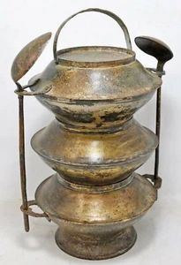 Antique Brass Tiffin Food Box Original Old Very Fine Hand Crafted Engraved - Picture 1 of 12