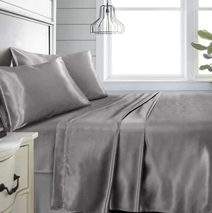 King Sz 4 Pc Bed Sheet Set Silky Smooth Satin Deep Pocket X002YMM88F - Picture 1 of 6