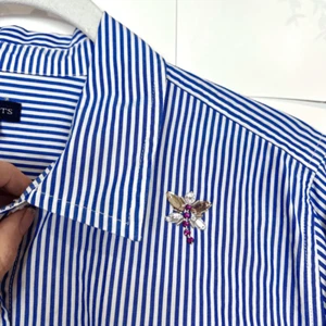 Talbots Shirt Large Blue White Stripe Rhinestone Insect Long Sleeve Button Up To - Picture 1 of 15