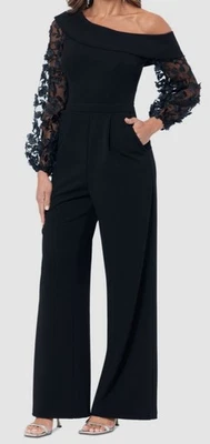 Xscape Women's Black 3D Floral-Sleeve Wide-Leg Jumpsuit Size 8 - Image 1 of 2