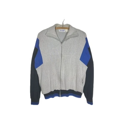 Moletom masculino vintage anos 80 Fred Perry com zíper L bloco de cores de lã cinza azul preto - Imagem 1 de 4