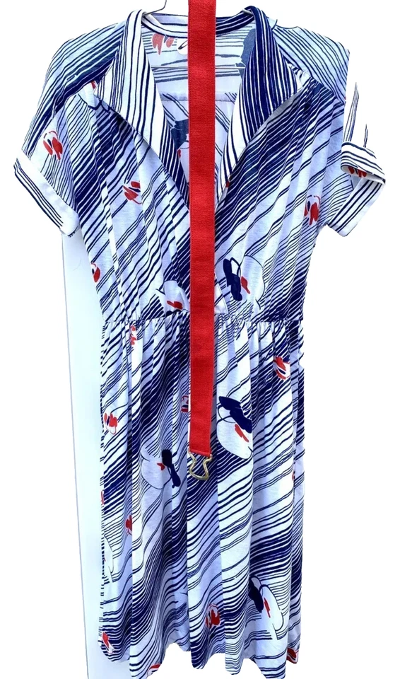 复古 20 世纪 70 年代 Willi of California 针织连衣裙 Mod 花卉红色白色蓝色/红色腰带 M — 第 1/4 张图片