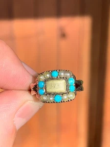 9ct gold turquoise seed pearl locket ring rare Georgian - Picture 1 of 6