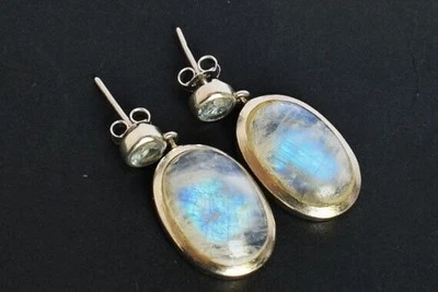 Orecchini pendenti ovali pietra di luna arcobaleno vera appariscente... - Immagine 1 di 4