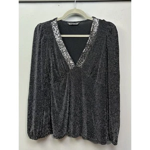 Dunnes Stores Top Womens 12 Black sequin Puff Sleeve Metallic Party Semi Formal - Picture 1 of 9