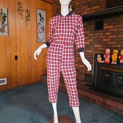 Vtg 50s Plaid Flannel Clam Digger Zip Front Pajama Jumpsuit Lounge Romper M/L - Image 1 of 4