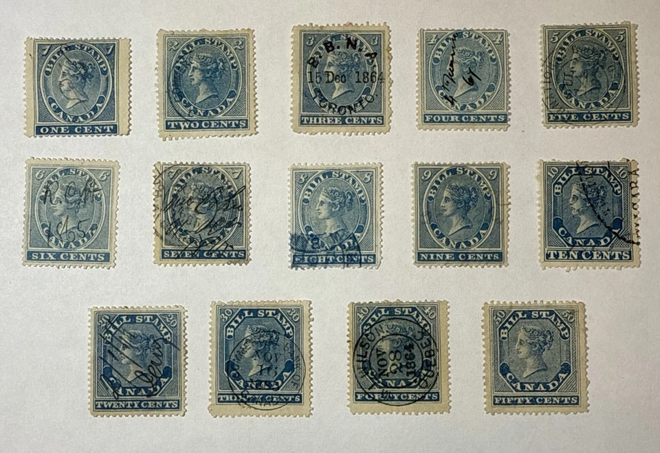 Canada 1864 Bill Stamps #FB1-14 1c-50c values, Used/sound; various blue shades - Image 1 of 3