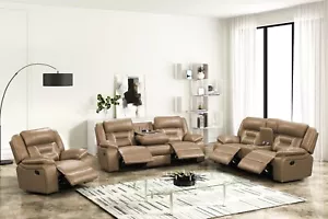 NEW Two-Tone 3PC Brown Tan Sofa Loveseat Chair Fabric Living Room 5-Recliner Set - Picture 1 of 9