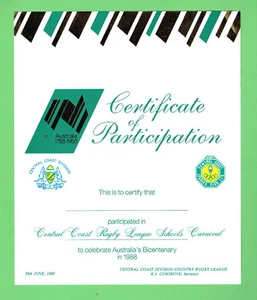 #SS.  1988 CENTRAL COAST RUGBY LEAGUE SCHOOLS CARNIVAL CERTIFICATE, NOT NAMED - Bild 1 von 1