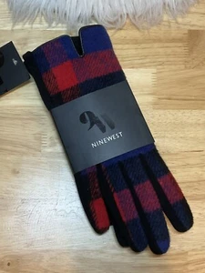 NINE WEST Damen Outdoor Fleece blau, rot & schwarz karierte Winterhandschuhe - Größe L - Bild 1 von 10