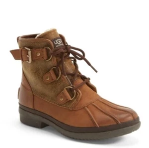 UGG Cecile Brown Waterproof Leather Ankle Duck Boots 1007999 Fur Felt Lined 9 - Picture 1 of 17