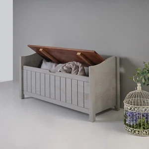 Cottage Storage Bench Grey Painted Solid Pine Wooden Hall Table Seating - Picture 1 of 9