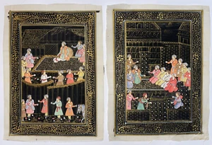 PEINTURE ORIENTALE PERSE SUR SOIE ORIGINAL 2 PIECES PEINTES A LA MAIN 20E SIECLE - Picture 1 of 2