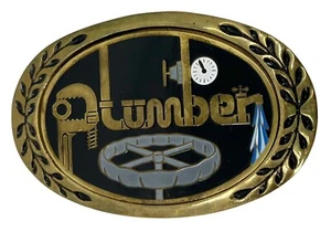 VINTAGE HERITAGE SOLID BRASS ENAMEL PLUMBER BIG BELT BUCKLE NOVELTY HIPPIE MOD - Picture 1 of 7