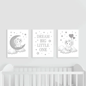 Elefant Kinderzimmer Drucke, 3er Set, grau, einfarbig Traum groß, Baby Mond - Bild 1 von 8