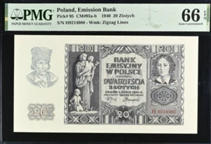 1940 Poland 20 Zlotych P95 BANKNOTE UNC PMG 66 - Picture 1 of 2