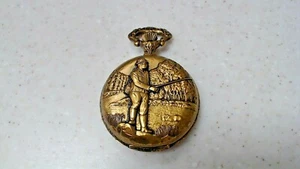Swiss Made 17 Jewels Goldtone Cycle Fisherman's Pocket Watch UNTESTED - Picture 1 of 6
