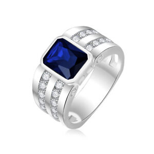 Men's Ring with Blue Sapphire & White Sapphire Rhodium Plated Brass