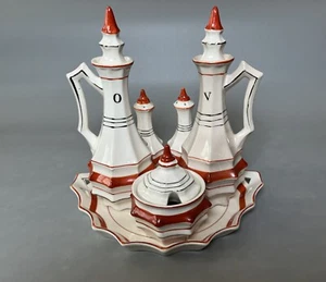 Art Deco MCM Condiment Set Oil Vinegar Salt Pepper Tray Jar w/Lid Japan - Picture 1 of 20