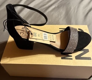 Madden NYC Sandals Women's 9.5 Black Open Toe Ankle Strap block heel Rhinestones - Picture 1 of 7