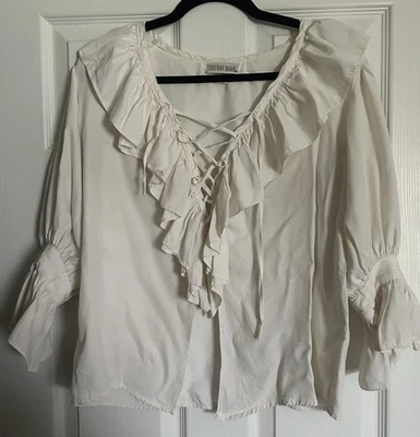 VTG Anchor Blue Ruffle Neck Lace Up Front Closure Ivory Y2K Boho Women’s Large - Image 1 of 4