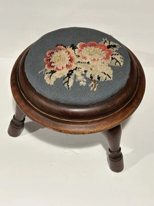 Vintage Small Floral Tapestry Top Round Mahogany Wood Foot Stool - Picture 1 of 10