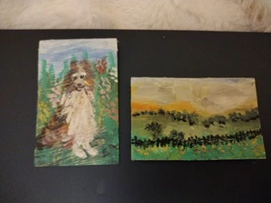 2 Tiny Oil Paintings Unframed Collie In Crocuses and Countryside - Picture 1 of 2