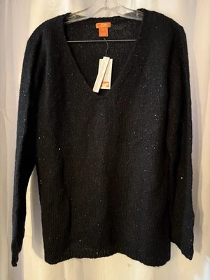 Joe Fresh 毛衣女式大号黑色亮片套衫 V 领针织混纺闪亮 — 第 1/3 张图片