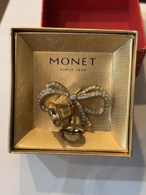 Broche de campana de Navidad Monet pedrería movimiento colgante tono dorado firmado Foto 1 de 4