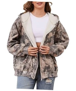 Womens Camo Zip Up Hoodie Long Sleeve Maple Leaf Print Large Dark Green - Picture 1 of 7