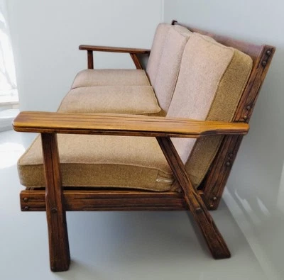 Brandt Ranch Solid Oak Rustic 3 Seat Sofa Couch Orig Gold Cushions Western Nice - Image 1 of 4